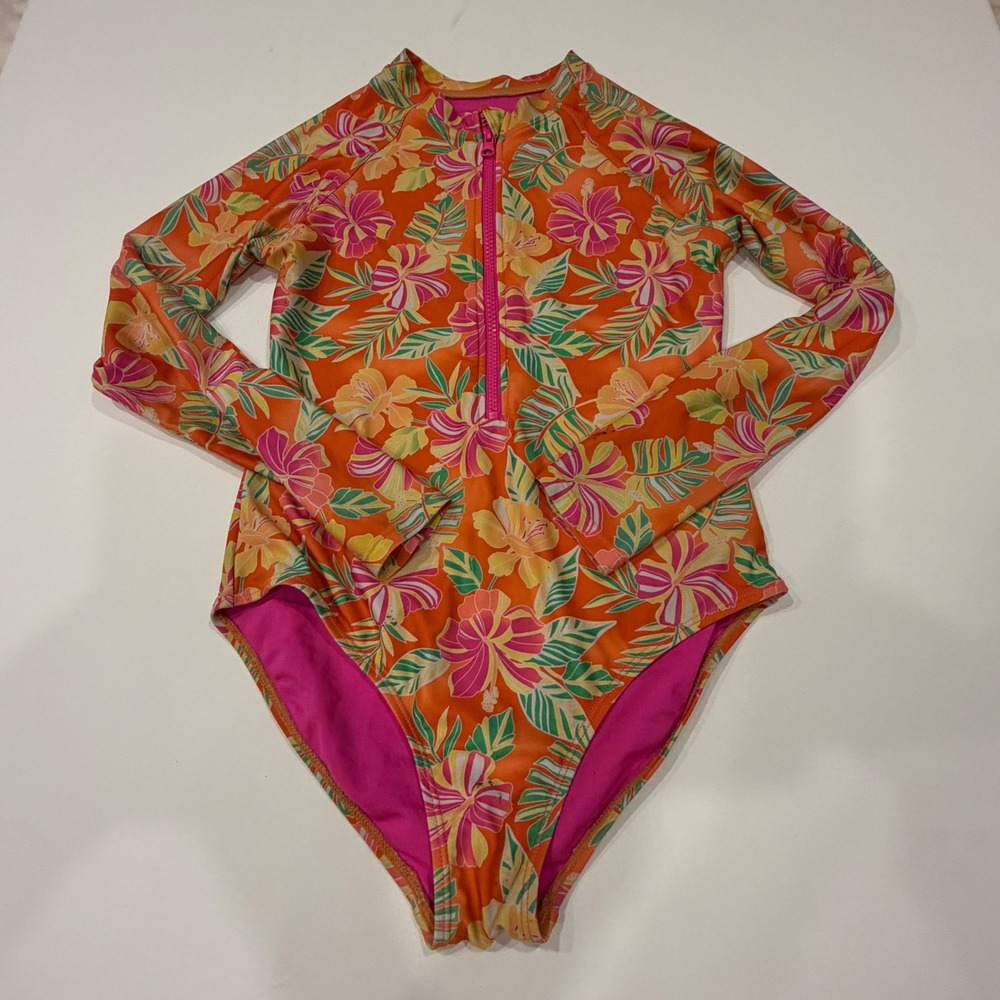 Girls Tropical Floral Long Sleeve Zip One Piece Swimsuit Rash Guard XL 14/16